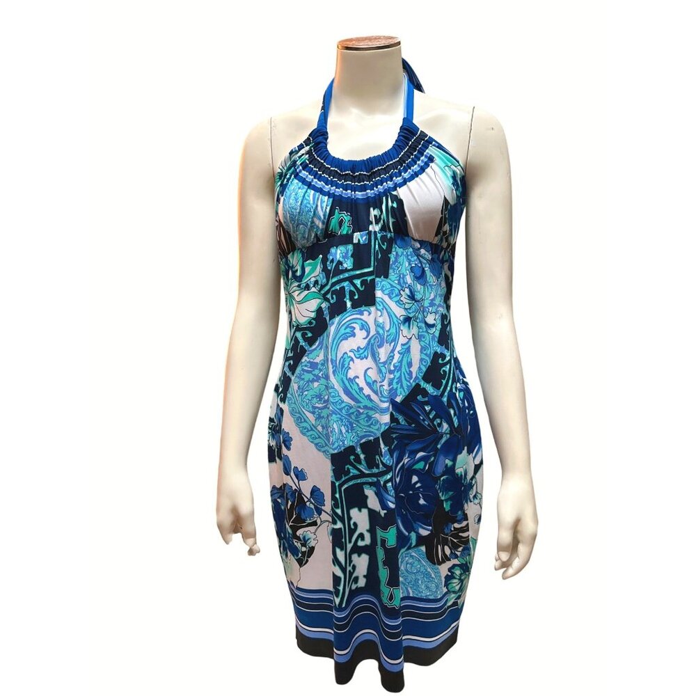 Cache Halter Dress Size 8 Blue Floral Print Polyester Spandex